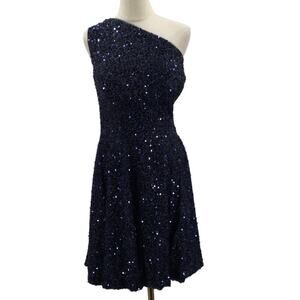 FORMAL PARTY 22W plus navy blue sequin fit & flare knee length dress NWT B102